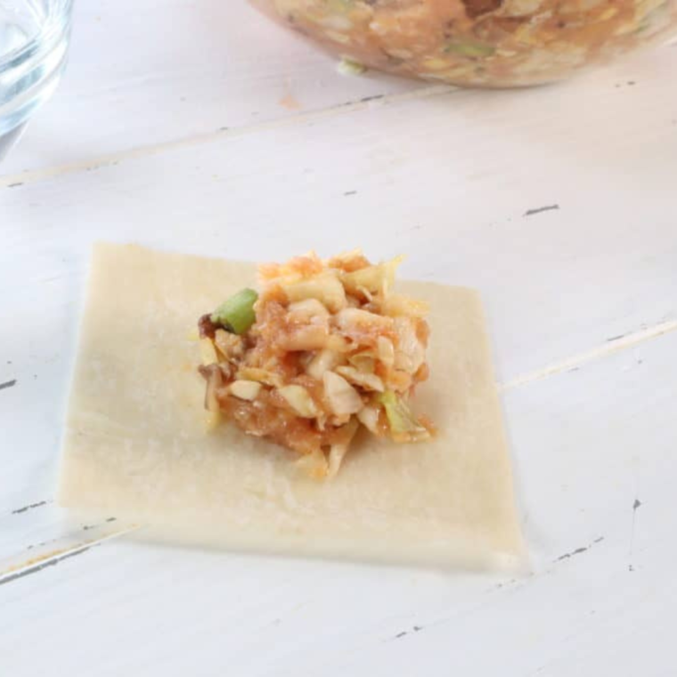 Assemble the Pot Stickers:
Lay a wonton wrapper on a clean surface. Place about a tablespoon of the filling in the center of the wrapper.
