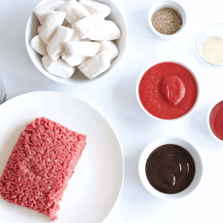 Ingredients needed for Air Fryer Sloppy Joe Bites on table.