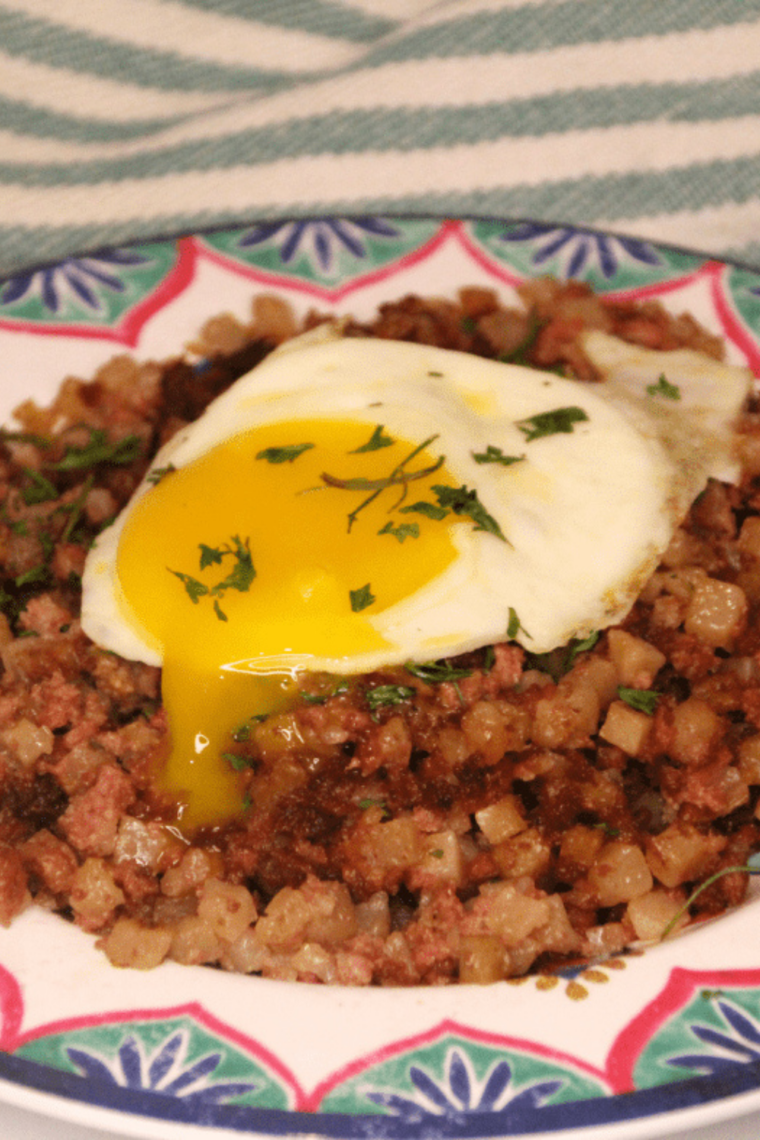 “Crispy corned beef hash slices with browned edges”