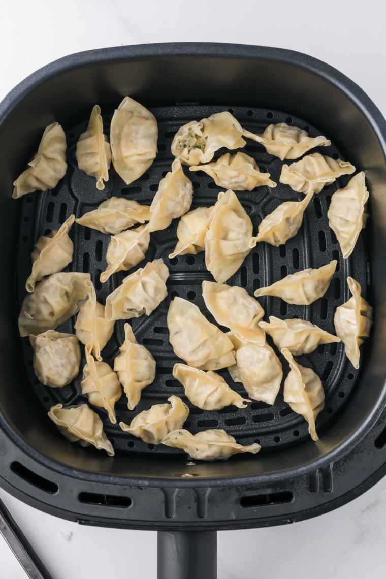 Potstickers arranged in a single layer in the air fryer basket with space between each”