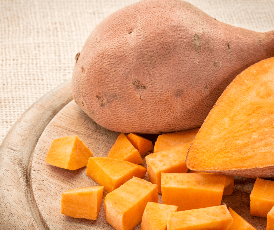Ingredients Needed For Sweet Potato Home Fries on kitchen table.