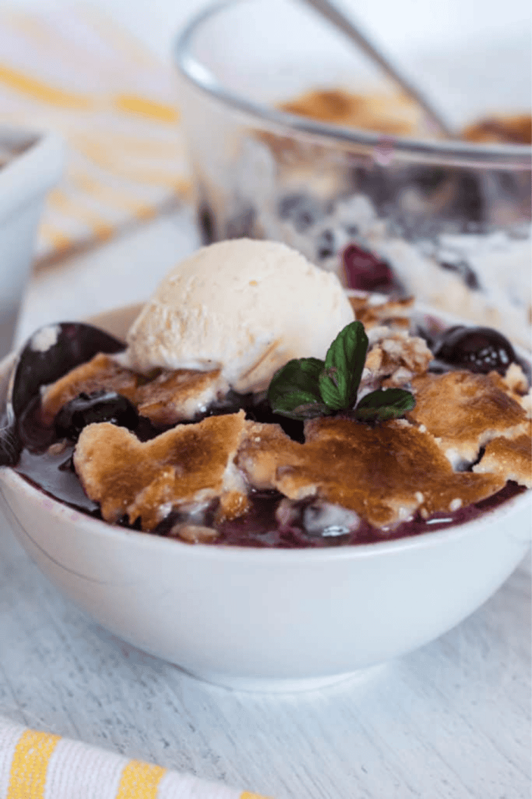 Moist blueberry cake made in Instant Pot topped with fresh blueberries and light glaze, served on a plate for a quick homemade dessert.