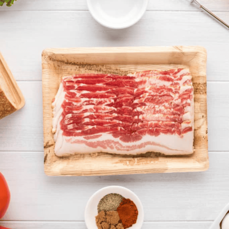 Bacon and seasoning ingredients needed to cook bacon on a Blackstone griddle