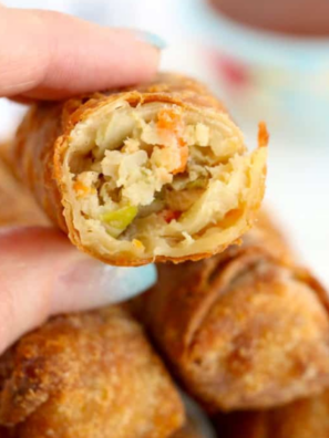 Close-up of golden brown Pagoda egg rolls cooked in the air fryer