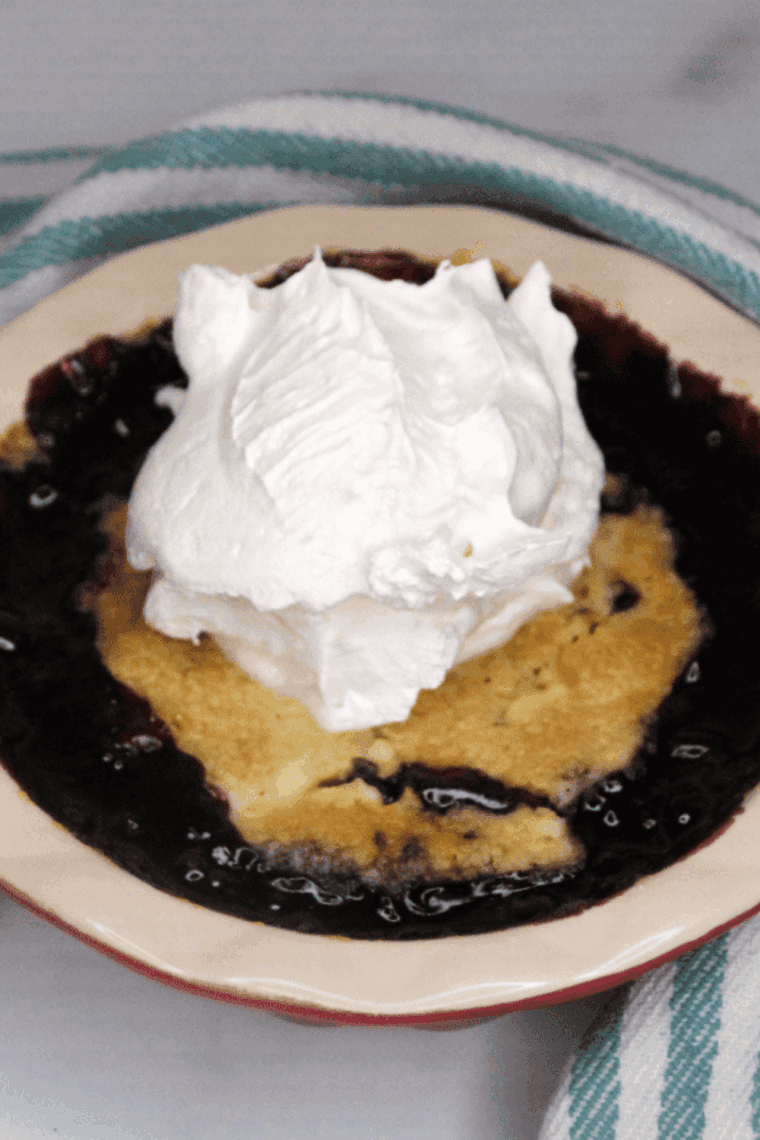 Easy Air Fryer Blueberry Dump Cake with golden crispy topping and juicy blueberries