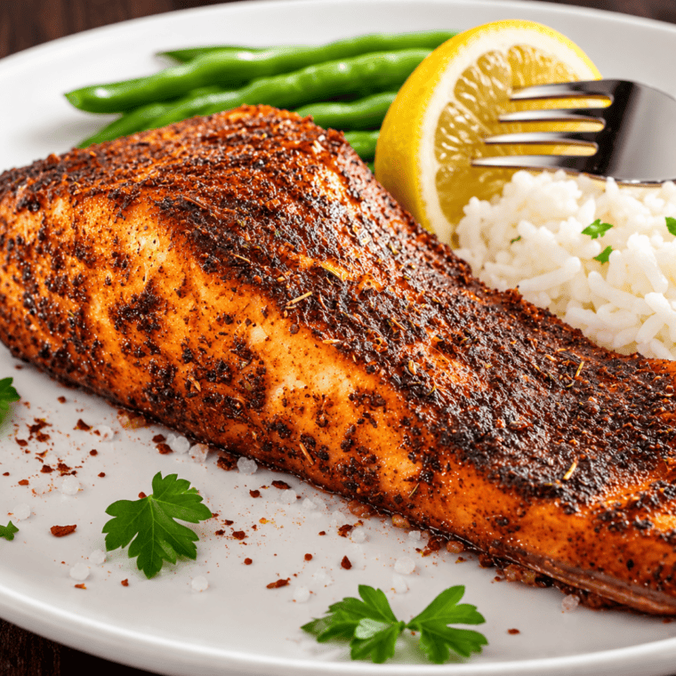 Cooked air fryer salmon fillet brushed with oil, golden and crispy on a white plate