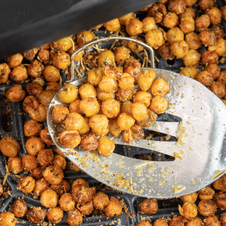 Crispy air fryer chickpeas cooked in oil, golden and roasted in a bowl