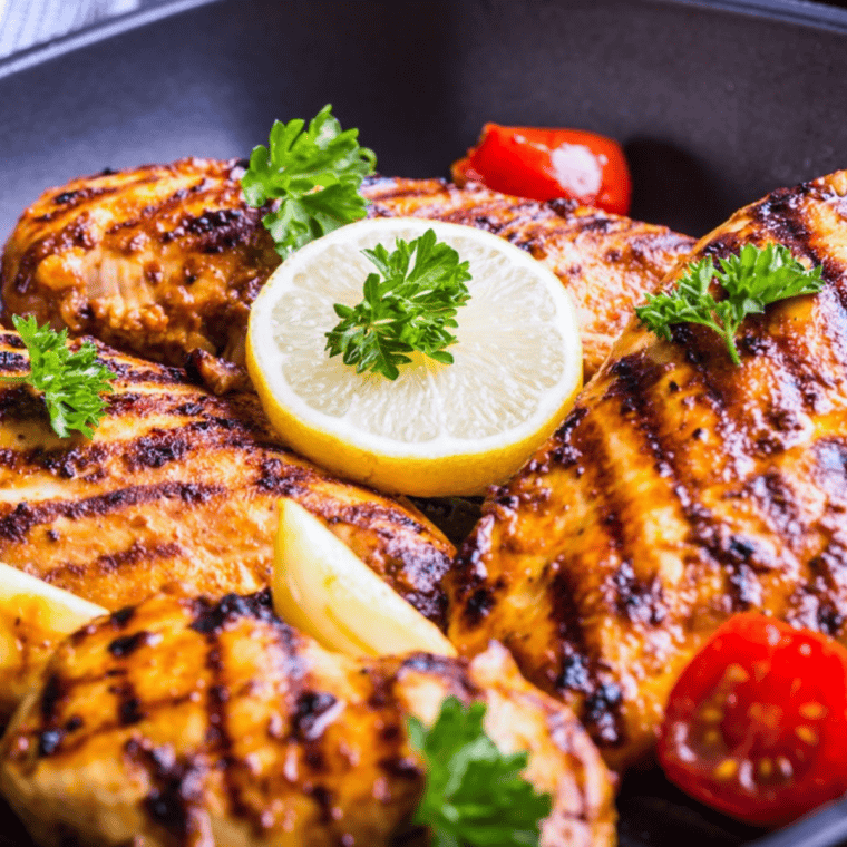 Cooked chicken coated in oil and BBQ sauce, glazed and golden
