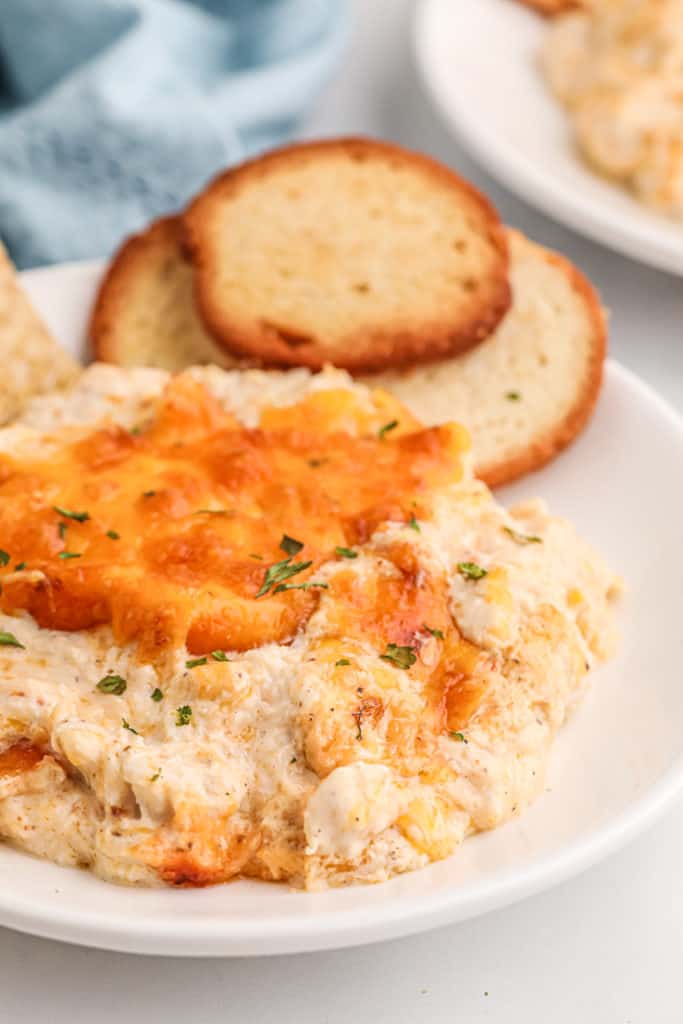 Serving the Air Fryer Hot Crab Dip with crispy crackers and fresh vegetables on the side.