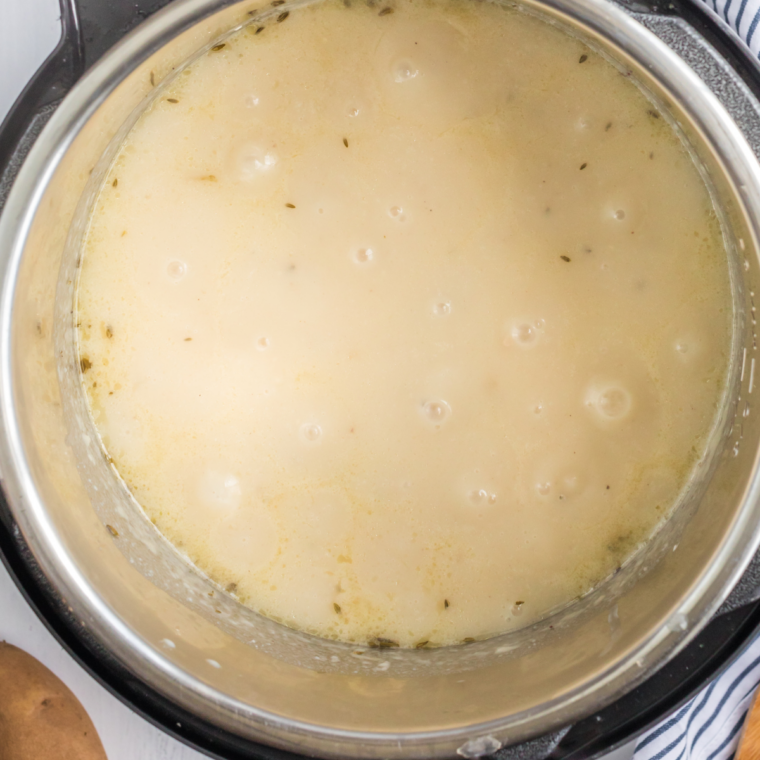 Milk and garlic salt added to cooked potatoes in a pot