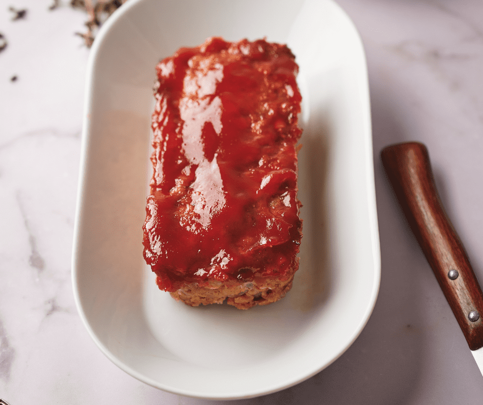 Air Fryer Meatloaf with Bourbon Glaze fresh out of the air fryer, glazed and ready to serve.