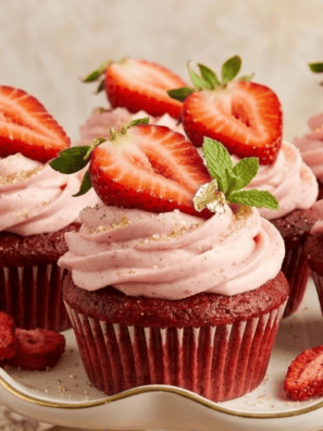 Air fryer strawberry cupcakes topped with pink cream cheese frosting and a fresh strawberry slice.