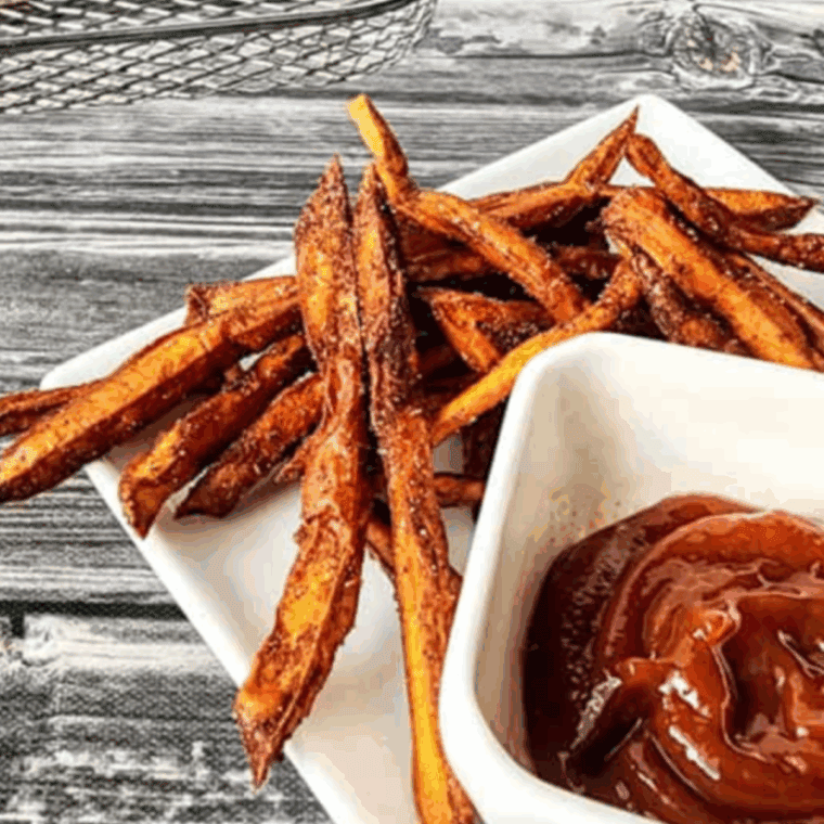 Crispy homemade sweet potato fries served on a plate with dipping sauce – Applebee’s copycat recipe.