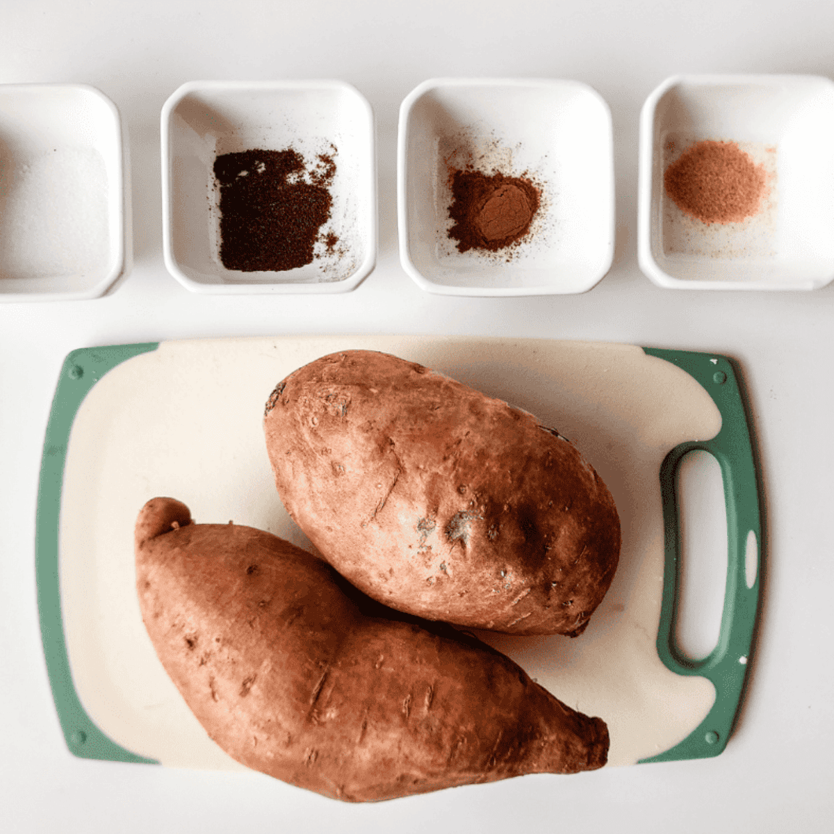 Ingredients needed for Crispy Applebee’s Copycat Sweet Potato Fries Recipe (Air Fryer or Oven) on kitchen table.