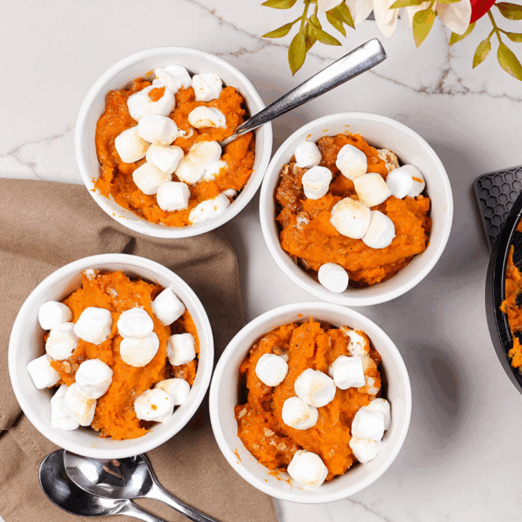 Easy sweet potato casserole with canned yams topped with marshmallows and pecans