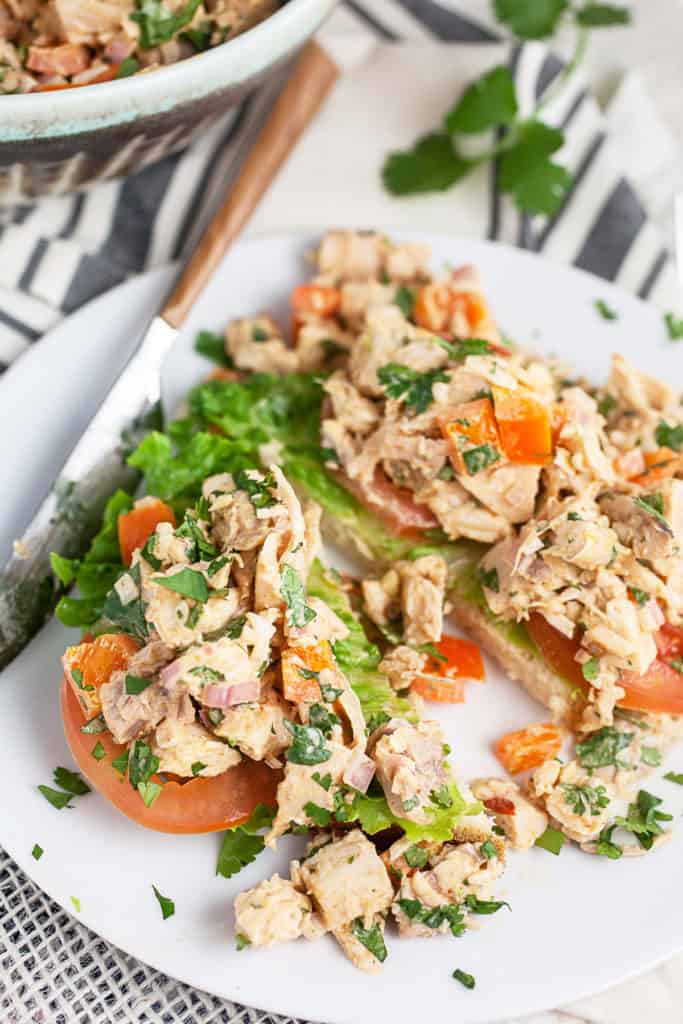 Garnished Air Fryer Southwestern Chicken Salad with cilantro and lime wedges.