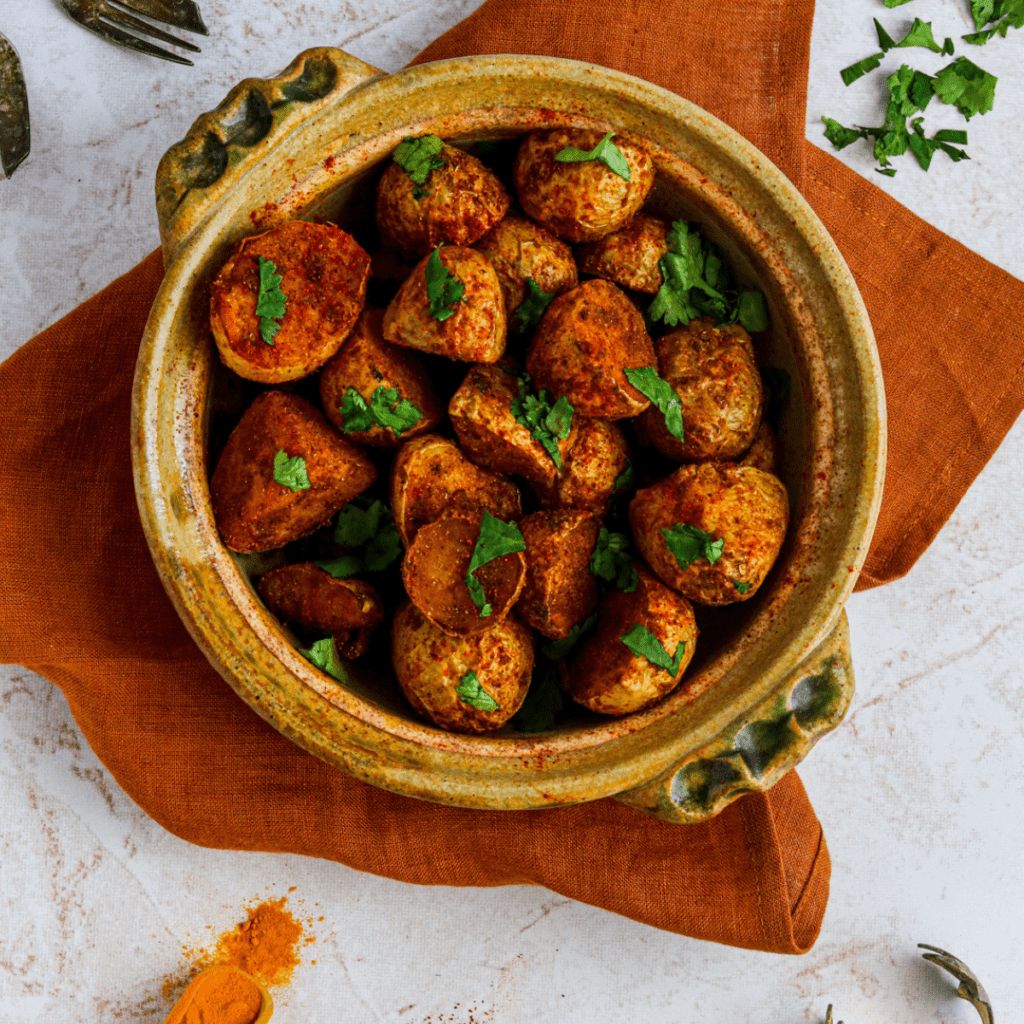 Air Fryer Bombay Potatoes seasoned with bold Indian spices and roasted to crispy perfection.