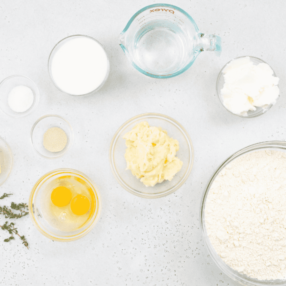 Ingredients needed for Air Fryer Potato Rolls on kitchen table.