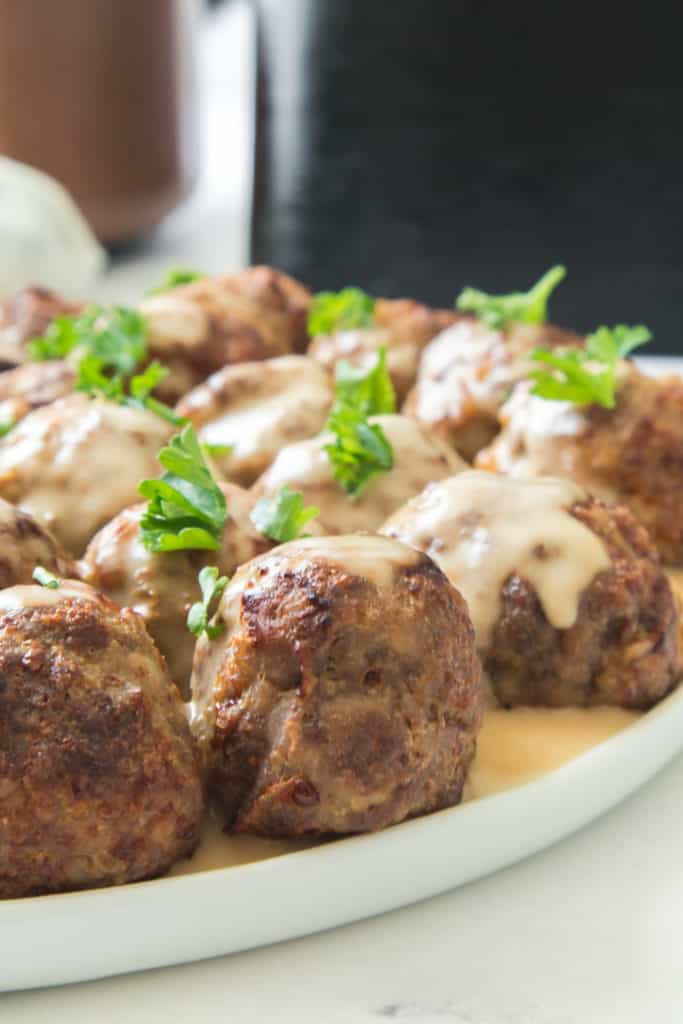 IKEA frozen meatballs cooked in the air fryer, crispy on the outside and tender on the inside.