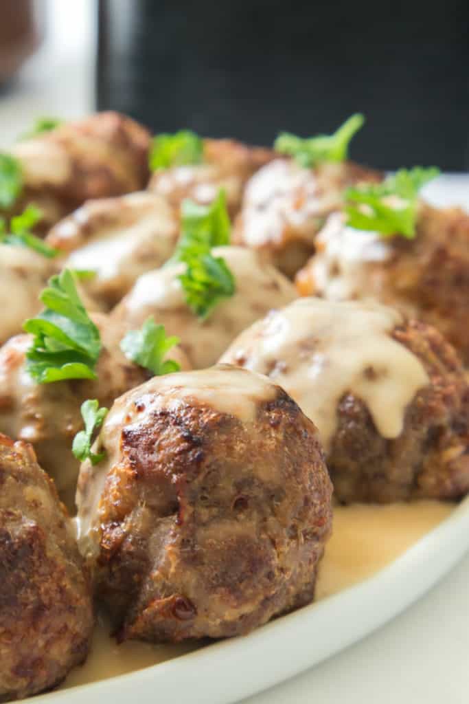 IKEA frozen meatballs cooked in the air fryer, crispy and golden brown with a tender interior.