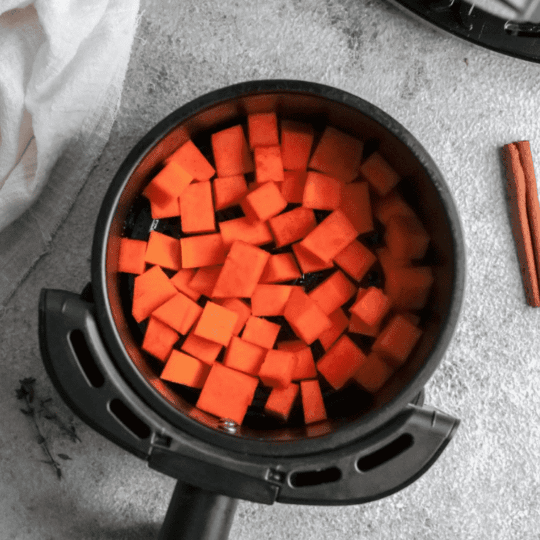 Seasoned pumpkin cubes in a single layer in the air fryer basket before roasting at 400°F