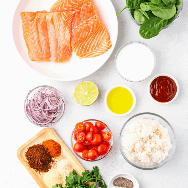 Ingredients needed for Easy Air Fryer BBQ Salmon on kitchen table.