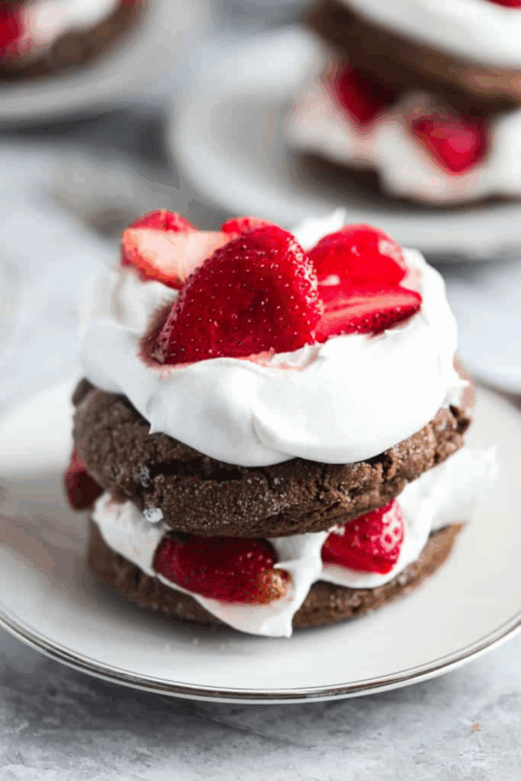 Air fryer chocolate strawberry shortcakes topped with fresh strawberries and chocolate cake