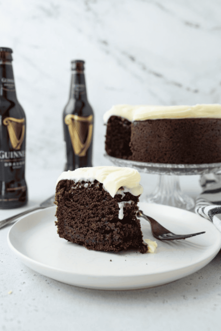 Moist Guinness chocolate cake made in the air fryer, served on a plate.