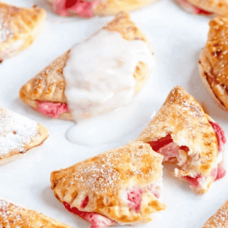 Air fryer strawberry hand pies with golden flaky crust and sweet strawberry filling on a plate.