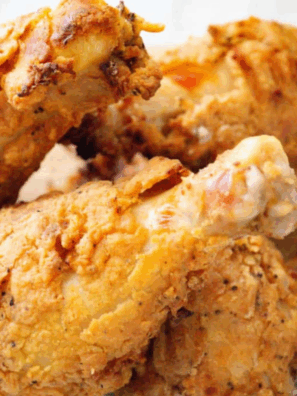 Add the cornstarch, baking powder, and the rest of the seasoning mix in a large bowl, and mix well. Remove the piece of chicken from the brine, drain, add your chicken legs, and coat the chicken. Finish breading the chicken, and set them on a wire rack or baking sheet. Then recoat the chicken with the brine and then dredge the chicken again in the flour mixture.
