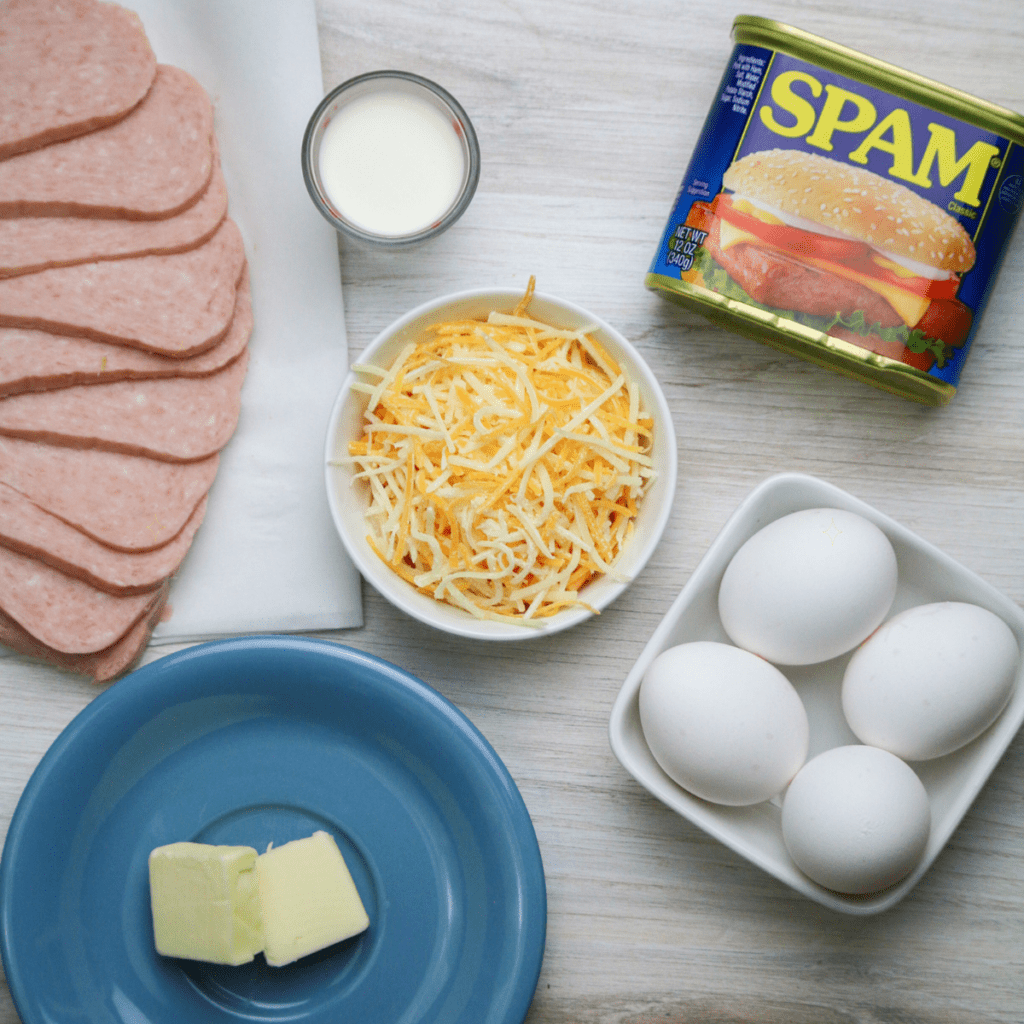 Ingredients Needed For Air Fryer Country Spam and Eggs on kitchen table.