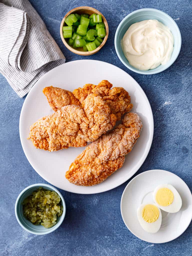 Ingredients Needed For Air Fryer Copycat Chick-Fil-A Chicken Salad on table.