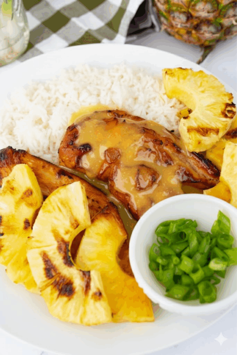 Air fryer Aloha grilled chicken cooked to golden perfection with pineapple glaze.