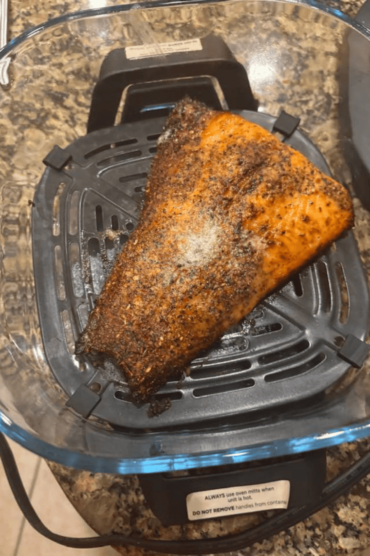Close up of salmon in the Ninja CRISPI air fryer.