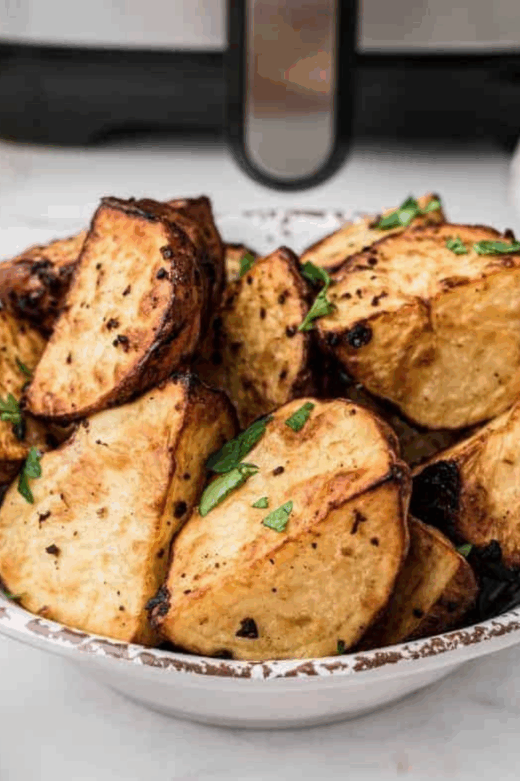 Golden, tender Ninja Foodi red potatoes seasoned with garlic and fresh herbs