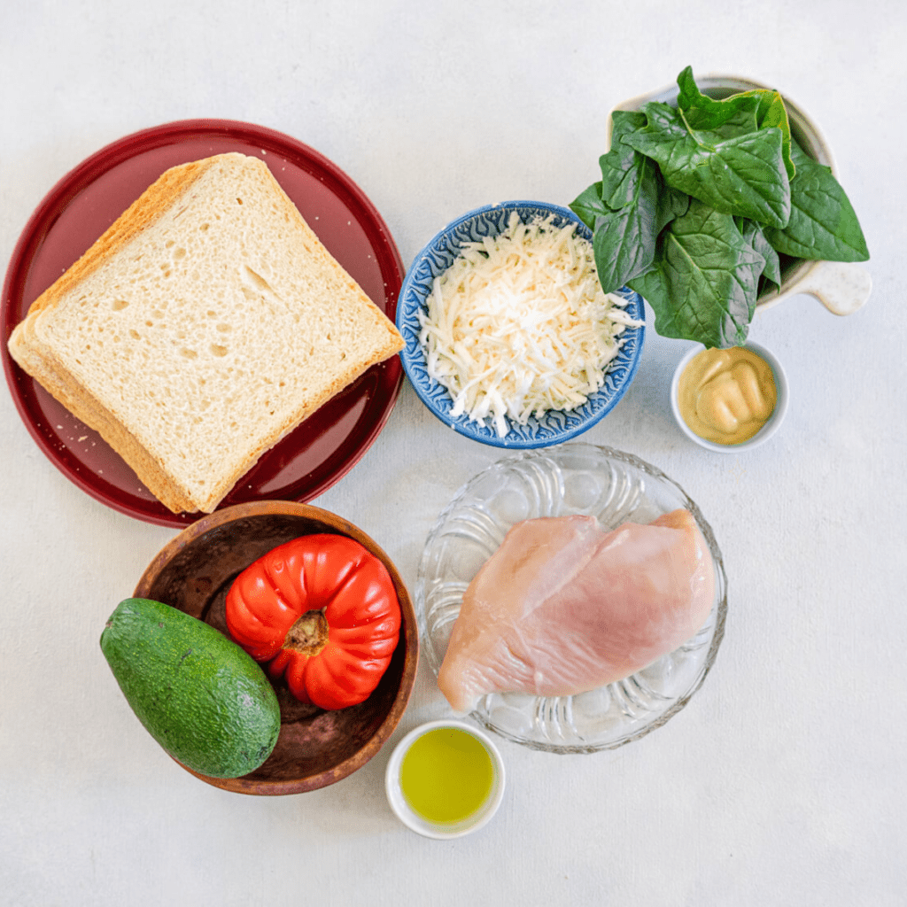 Ingredients needed for Air Fryer Copycat Panera Frontega Chicken Sandwich on kitchen table.