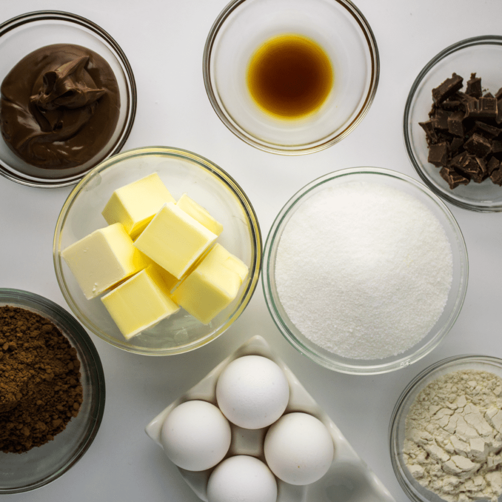 Ingredients for air fryer Nutella brownies including Nutella, eggs, cocoa, and chopped chocolate