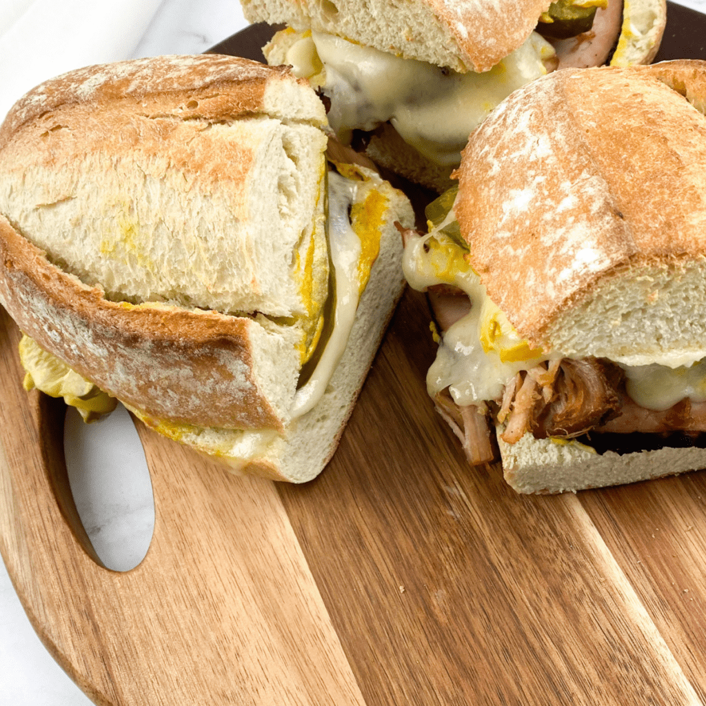 "Air Fryer Cuban Sandwich cut into halves, showcasing its tasty layers."