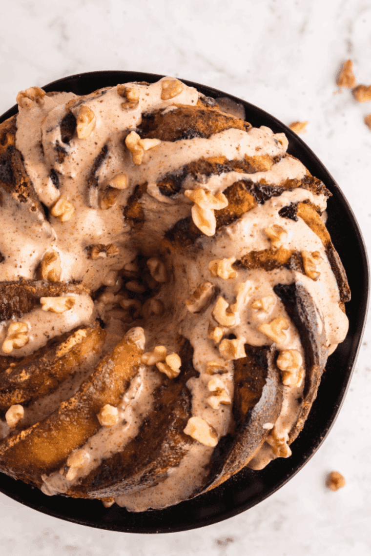 Golden, pull-apart eggnog cinnamon monkey bread fresh from the air fryer