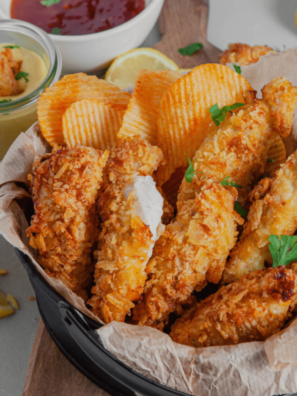 Air Fryer Potato Crusted Chicken with a crispy golden potato chip coating, served on a plate with dipping sauce