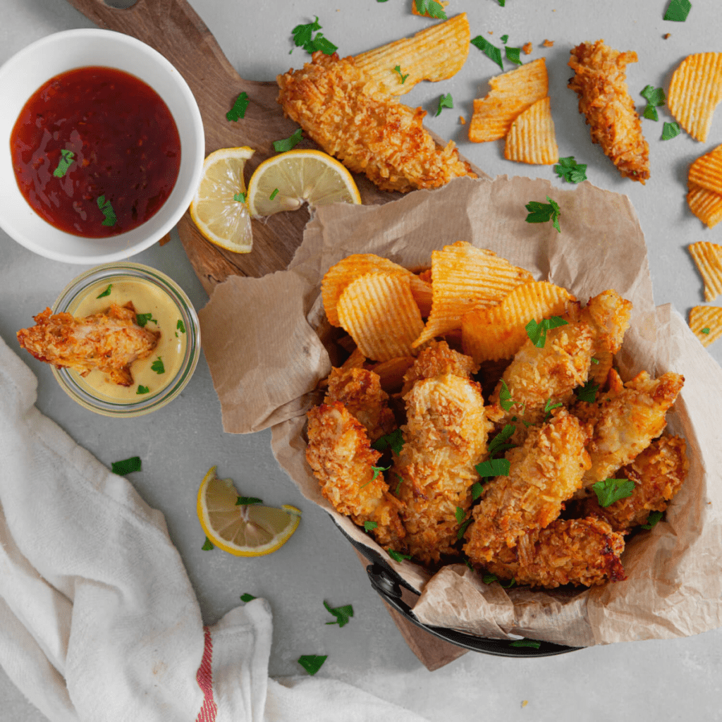 Air Fryer Potato Crusted Chicken with a crispy, golden potato chip crust, served on a plate
