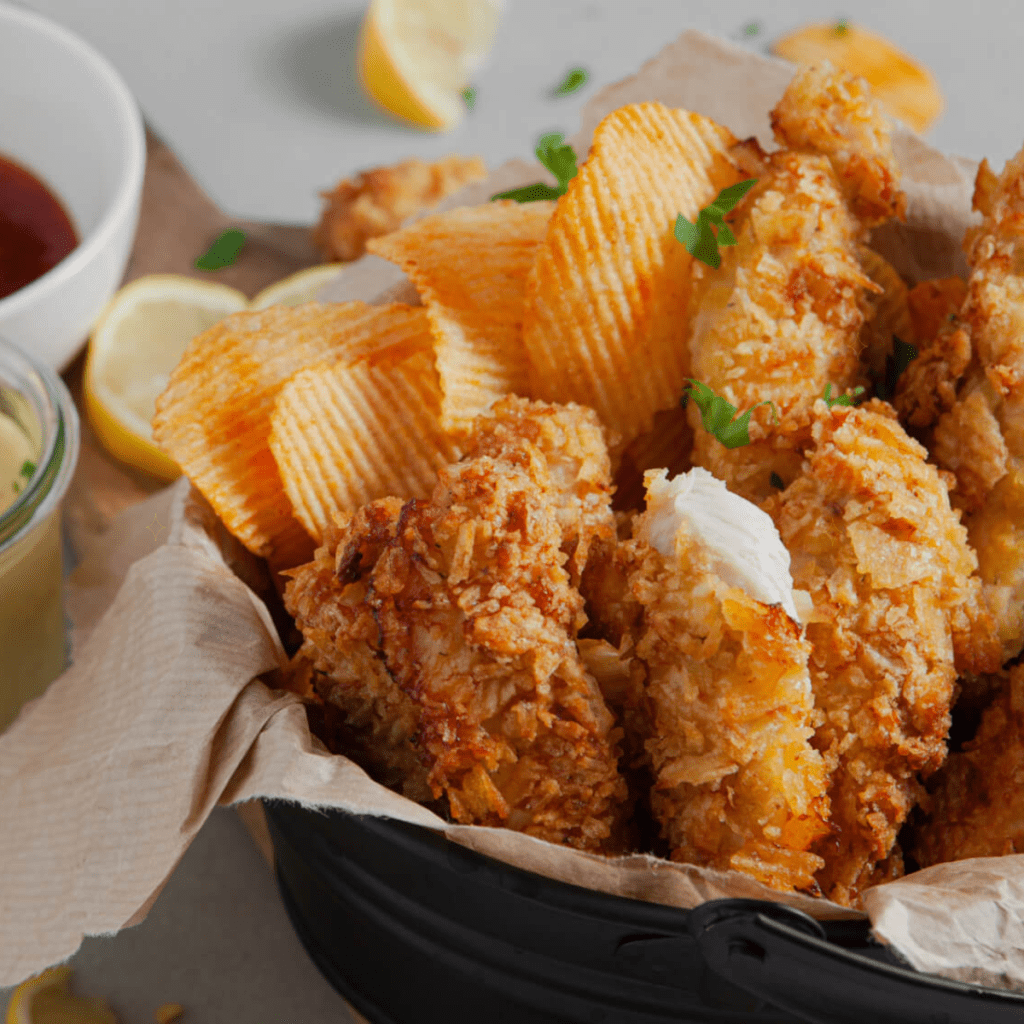Golden, crispy potato crusted chicken cooked in the air fryer and served with dipping sauce on the side