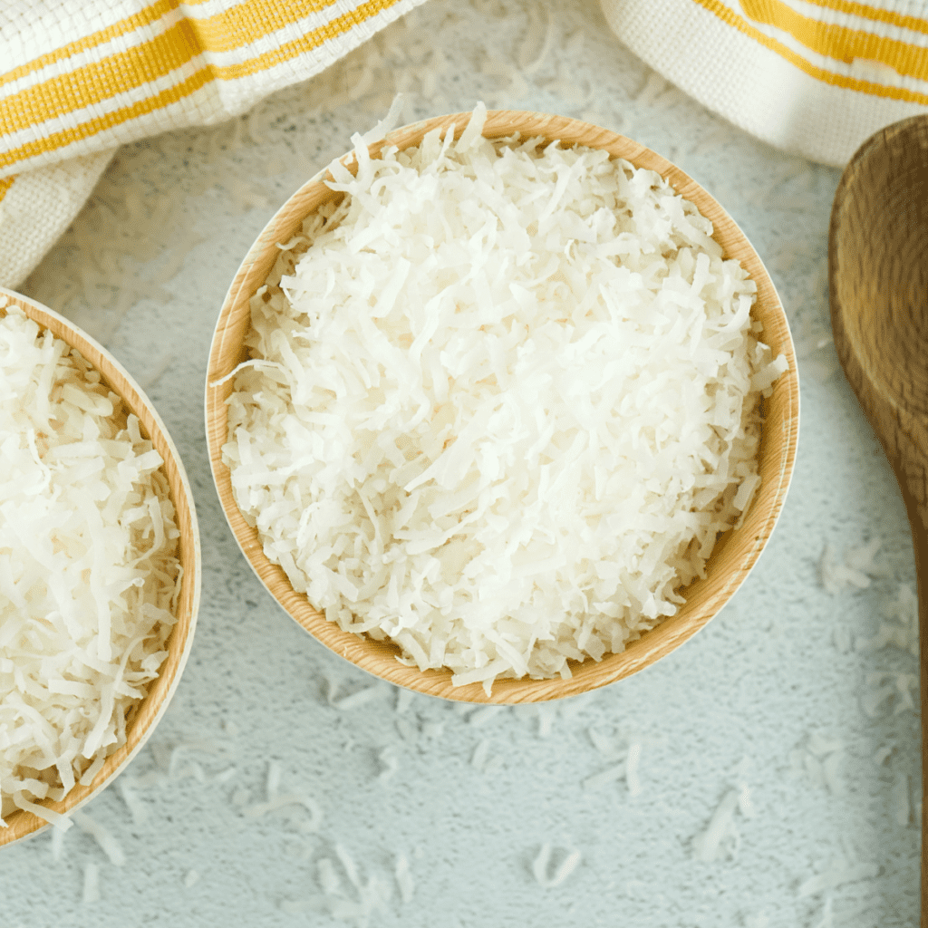 Raw coconut flakes ready for air frying