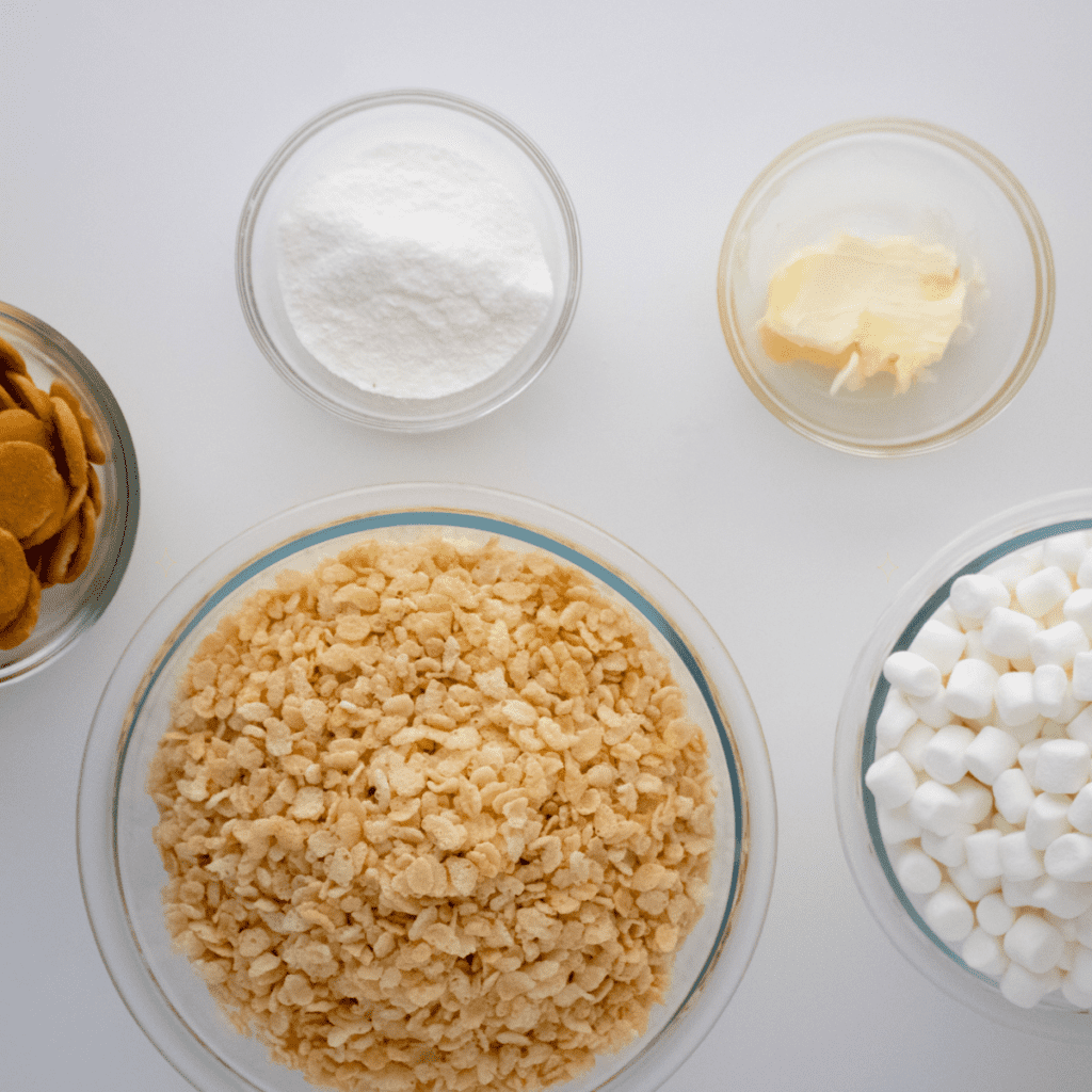 Ingredients Needed For Banana Pudding Rice Krispie Treats on kitchen table.