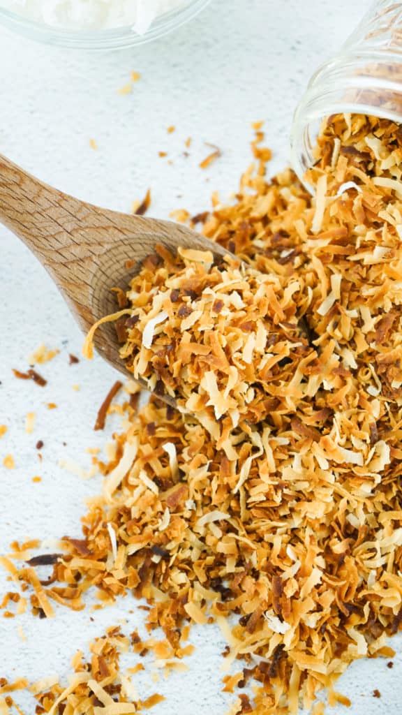 Close-up of perfectly toasted coconut flakes