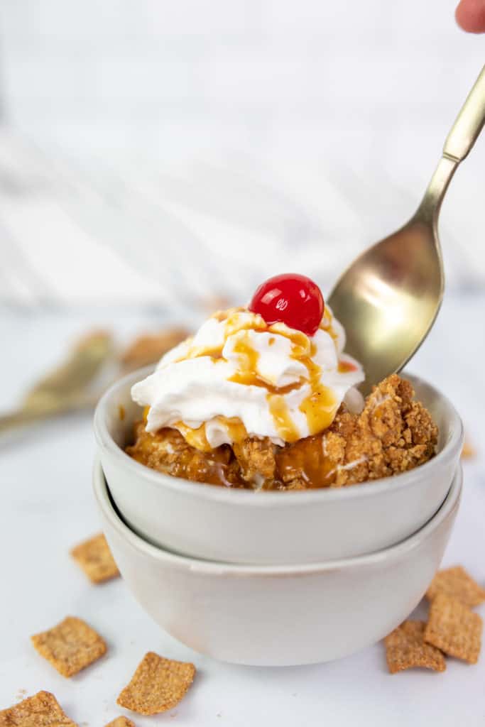 Air Fryer Fried Ice Cream in bowl, yummy and delish.
