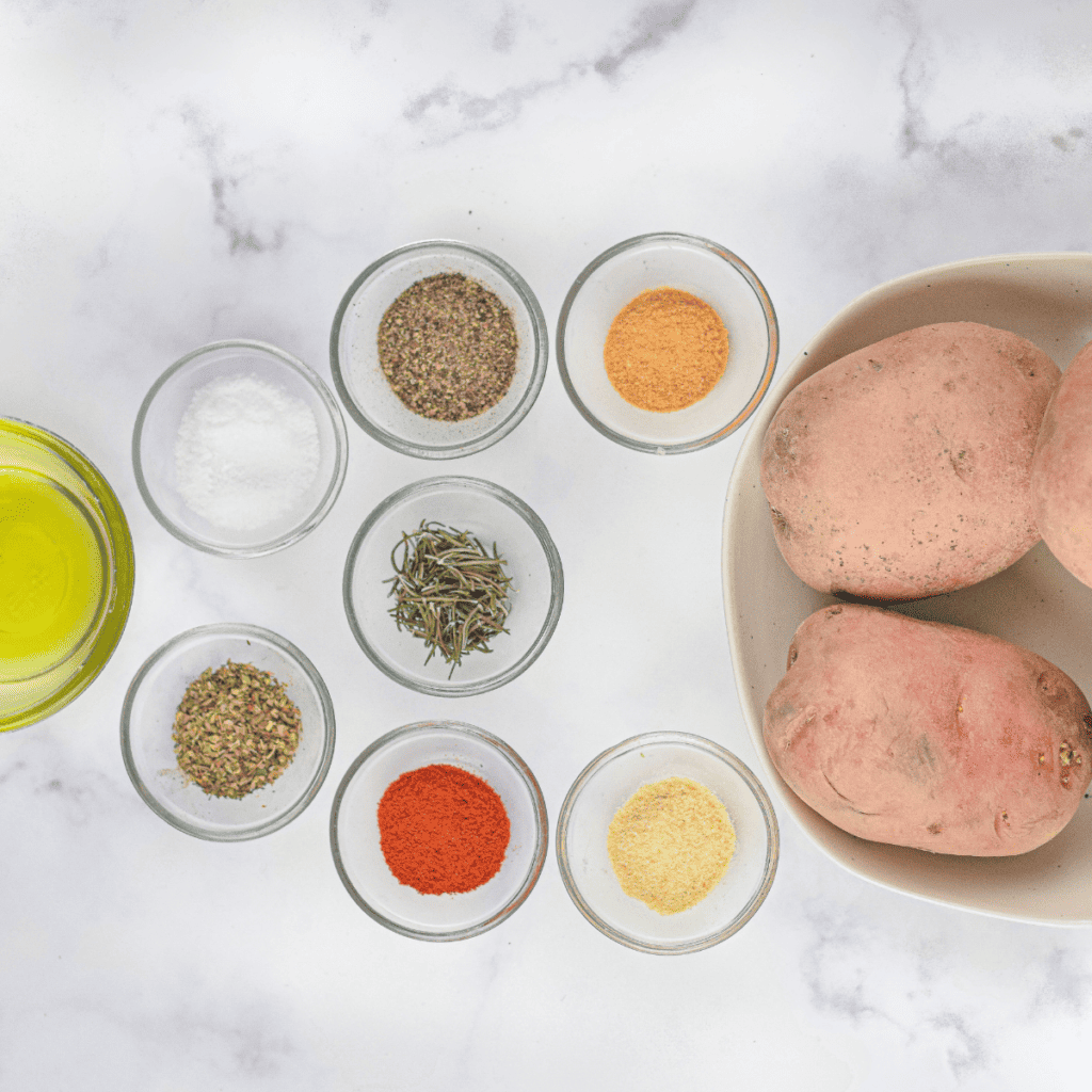 Ingredients Needed for Air Fryer Accordion Potatoes, on table.
