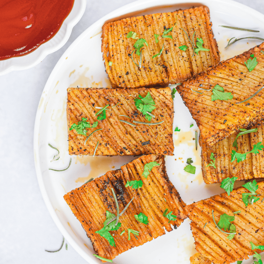 "Crispy golden accordion potatoes fresh out of the air fryer."