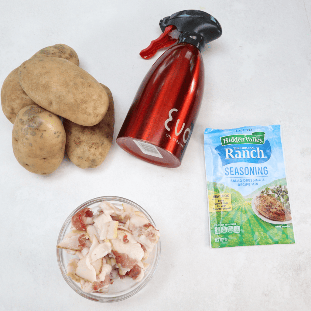 Ingredients Needed For Air Fryer Cheesy Ranch Potatoes Recipe on kitchen table.