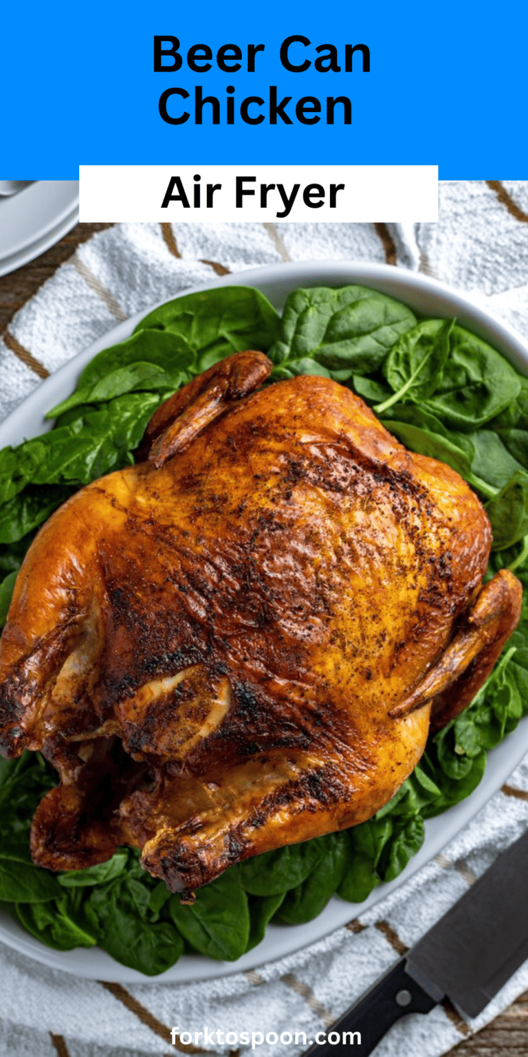 Can I use a soda can instead of a beer can for Beer Can Chicken in the air fryer? Yes, you can use a soda can or any other beverage can instead of a beer can. The choice of liquid can vary based on your flavor preferences. 2. Can I cook a larger chicken in the air fryer using the Beer Can Chicken method? The size of the chicken should fit comfortably in your air fryer basket. Be mindful of the air fryer's capacity when selecting the chicken to ensure it cooks evenly. 3. Do I need to remove the giblets from the chicken before cooking it in the air fryer? Yes, it's essential to remove the giblets and any other internal organs from the chicken before cooking it. 4. Can I cook Beer Can Chicken in an oven instead of an air fryer? Yes, the Beer Can Chicken method can be adapted for oven cooking. Preheat your oven to the recommended temperature and follow the same instructions, placing the chicken on a can in a roasting pan. 5. What should I do if my air fryer is too small for a whole chicken on a beer can? If your air fryer is too small for a whole chicken on a beer can, consider using chicken parts like thighs or drumsticks instead. You can still achieve a similar flavor infusion and crispy texture. 6. How can I prevent the chicken skin from sticking to the air fryer basket? Preheating your air fryer and lightly oiling the chicken's skin can help prevent it from sticking to the basket. You can also use parchment paper or a non-stick liner to further prevent sticking. 7. Can I use other liquids besides beer for Beer Can Chicken in the air fryer? Absolutely! You can use a variety of liquids like soda, fruit juices, or even broth to add flavor and moisture to your chicken. 8. How do I know when the Beer Can Chicken is done cooking in the air fryer? Use a meat thermometer to check the internal temperature of the chicken. It should reach 165°F (74°C) in the thickest part of the meat to ensure it's safe to eat.